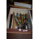 BOX CONTAINING VARIOUS CUTLERY WITH EGYPTIAN STYLE HANDLES