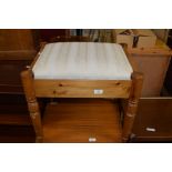 UPHOLSTERED PINE DRESSING TABLE STOOL WITH TURNED LEGS, WIDTH APPROX 55CM