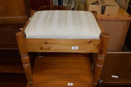 UPHOLSTERED PINE DRESSING TABLE STOOL WITH TURNED LEGS, WIDTH APPROX 55CM