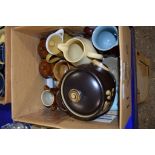 BOX OF CERAMIC ITEMS, MAINLY KITCHEN ITEMS INCLUDING LARGE CASSEROLE AND COVER