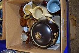 BOX OF CERAMIC ITEMS, MAINLY KITCHEN ITEMS INCLUDING LARGE CASSEROLE AND COVER