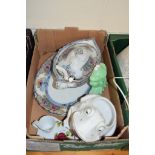 BOX CONTAINING CHINA WARES INCLUDING 19TH CENTURY TUREEN AND STAND, TWO CERAMIC FROGS