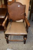 LEATHER UPHOLSTERED CARVER CHAIR, HEIGHT APPROX 100CM