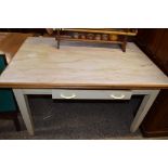 PAINTED VINTAGE PINE KITCHEN TABLE WITH LATER TOP, LENGTH APPROX 140CM X WIDTH APPROX 95CM