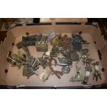 BOX CONTAINING VARIOUS VINTAGE HINGES AND OTHER FURNITURE MOUNTS ETC