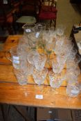 QUANTITY OF GLASS WARES INCLUDING WINE GLASSES AND TUMBLERS