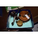 BOX CONTAINING THREE FISHING REELS, ONE WOODEN AND TWO METAL