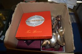 BOX OF SILVER PLATED WARES, TEASPOONS ETC