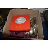 BOX OF SILVER PLATED WARES, TEASPOONS ETC