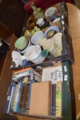 THREE BOXES OF VARIOUS CLEARANCE SUNDRIES INCLUDING BOOKS, CERAMIC VASES ETC