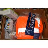 BOX CONTAINING HEALTH & SAFETY EQUIPMENT INCLUDING HI-VIS VESTS