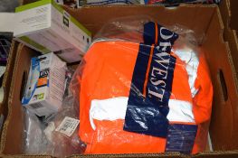 BOX CONTAINING HEALTH & SAFETY EQUIPMENT INCLUDING HI-VIS VESTS