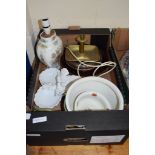 BOX CONTAINING VARIOUS CHINA INCLUDING A CHINESE STYLE LAMP AND A BRASS CANDLESTICK