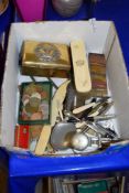 BOX OF METAL WARES, BONE HANDLED BRUSH, COINS ETC