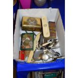 BOX OF METAL WARES, BONE HANDLED BRUSH, COINS ETC