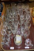 TRAY CONTAINING VARIOUS CUT GLASS WARES, WINE GLASSES ETC