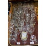 TRAY CONTAINING VARIOUS CUT GLASS WARES, WINE GLASSES ETC