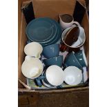 BOX OF CERAMIC ITEMS INCLUDING A POOLE POTTERY BLUE GLAZED TEA SET