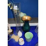 LARGE GLASS VASE WITH A CUT GLASS DESIGN PLUS SOME STUDIO POTTERY VASES