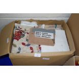 BOX OF VARIOUS TABLE LINENS INCLUDING CLOTHS AND RUNNERS