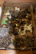 BOX OF METAL COAT HANGERS, BRASS FITTINGS ETC