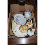 BOX OF CHINA INCLUDING TWO POTTERY JAM JARS