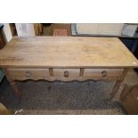 RUSTIC PINE KITCHEN TABLE RAISED ON TURNED LEGS WITH THREE DRAWERS BENEATH, APPROX 160CM X 72CM