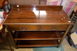 REPRODUCTION MAHOGANY SIDE CABINET WITH TWO SHELVES BENEATH TWO DRAWERS, WIDTH APPROX 107CM