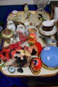 TRAY CONTAINING VARIOUS GLASS AND CERAMIC ITEMS INCLUDING A CUT GLASS VASE, MODELS OF BIRDS, GOSS