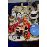 TRAY CONTAINING VARIOUS GLASS AND CERAMIC ITEMS INCLUDING A CUT GLASS VASE, MODELS OF BIRDS, GOSS