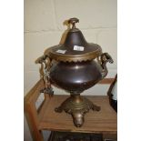 LARGE COPPER URN WITH WOODEN HANDLES