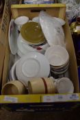 BOX OF VARIOUS PYREX AND TEA WARES ETC