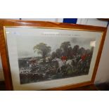 LARGE FRAMED 19TH CENTURY HUNTING PRINT AFTER HERRING ENTITLED “BREAKING COVER”, APPROX 60 X 90CM