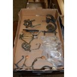 BOX CONTAINING VARIOUS VINTAGE HOOKS, METAL MOUNTS ETC