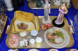 TRAY CONTAINING CERAMIC ITEMS INCLUDING TWO FIGURES, A CHEESE DISH AND COVER