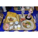 TRAY CONTAINING CERAMIC ITEMS INCLUDING TWO FIGURES, A CHEESE DISH AND COVER