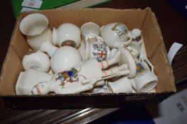 SMALL BOX OF CRESTED WARES INCLUDING GOSS VASE WITH ARMS OF SHERINGHAM, VASES WITH ARMS OF WROXHAM