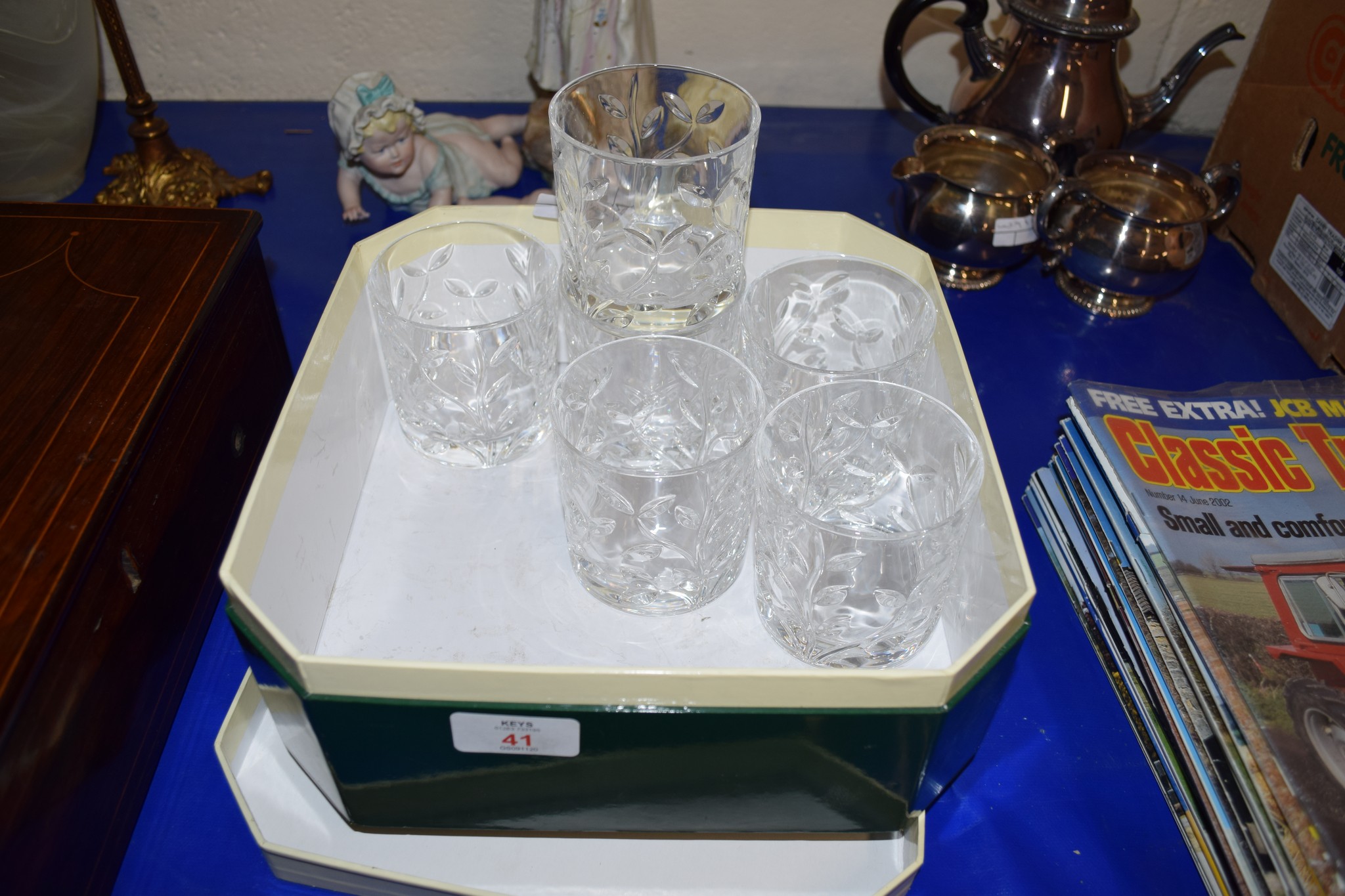 BOX CONTAINING GROUP OF CUT GLASS TUMBLERS WITH LEAF DESIGN