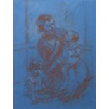 Esther Borough Johnson, Mother and children, sepia pastel on blue paper, signed lower right, 31 x
