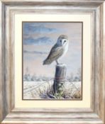 Mark Chester, "The Lookout post - Barn owl", acrylic, signed lower right, 31 x 23cm