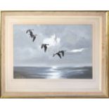 Rex Flood, Geese in flight, gouache, signed and dated 1972 lower left, 35 x 51cm