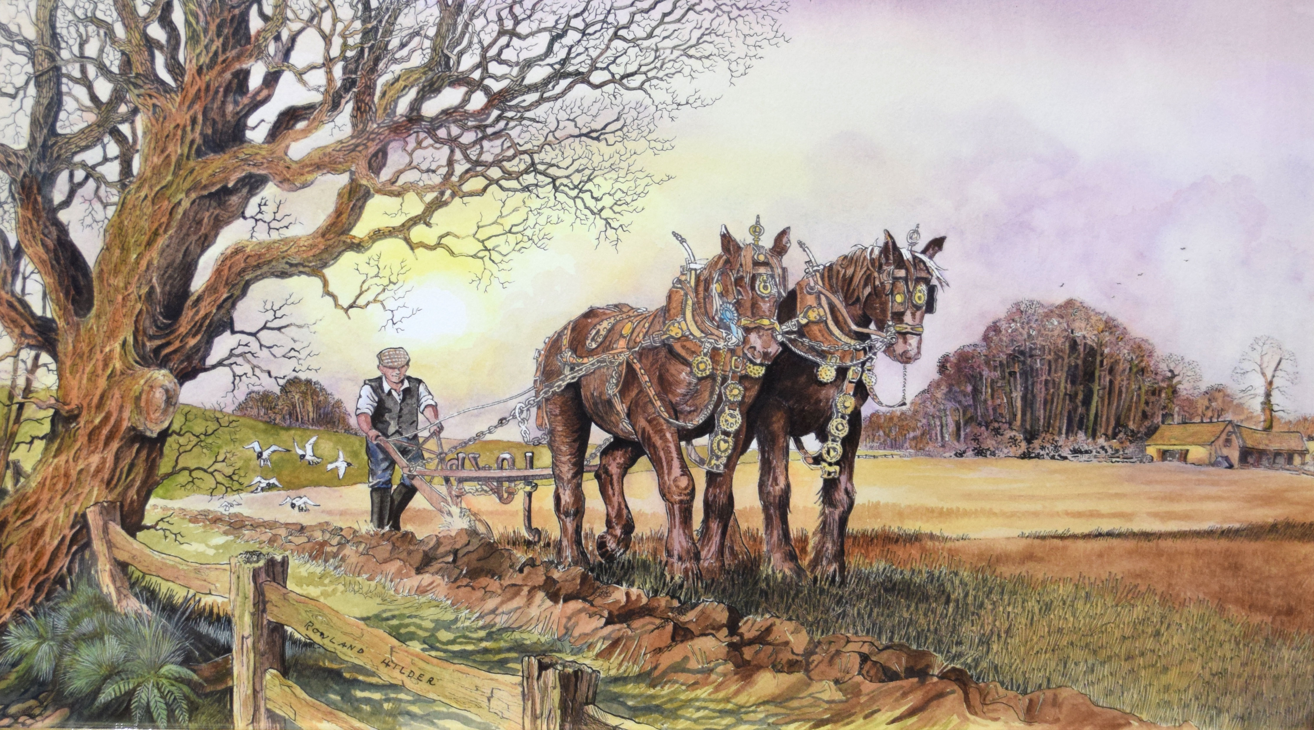 Follower of Rowland Hilder, Ploughing scene, pen, ink and watercolour, bears signature, 34 x 60cm