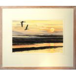 Keith Brockie, Geese in flight at sunset, watercolour, signed and dated 7/3/94 lower right, 28 x