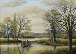 S G Anderson (20th century), "Flooded Ouse (Anglers in a rowing boat)", oil on canvas, signed and