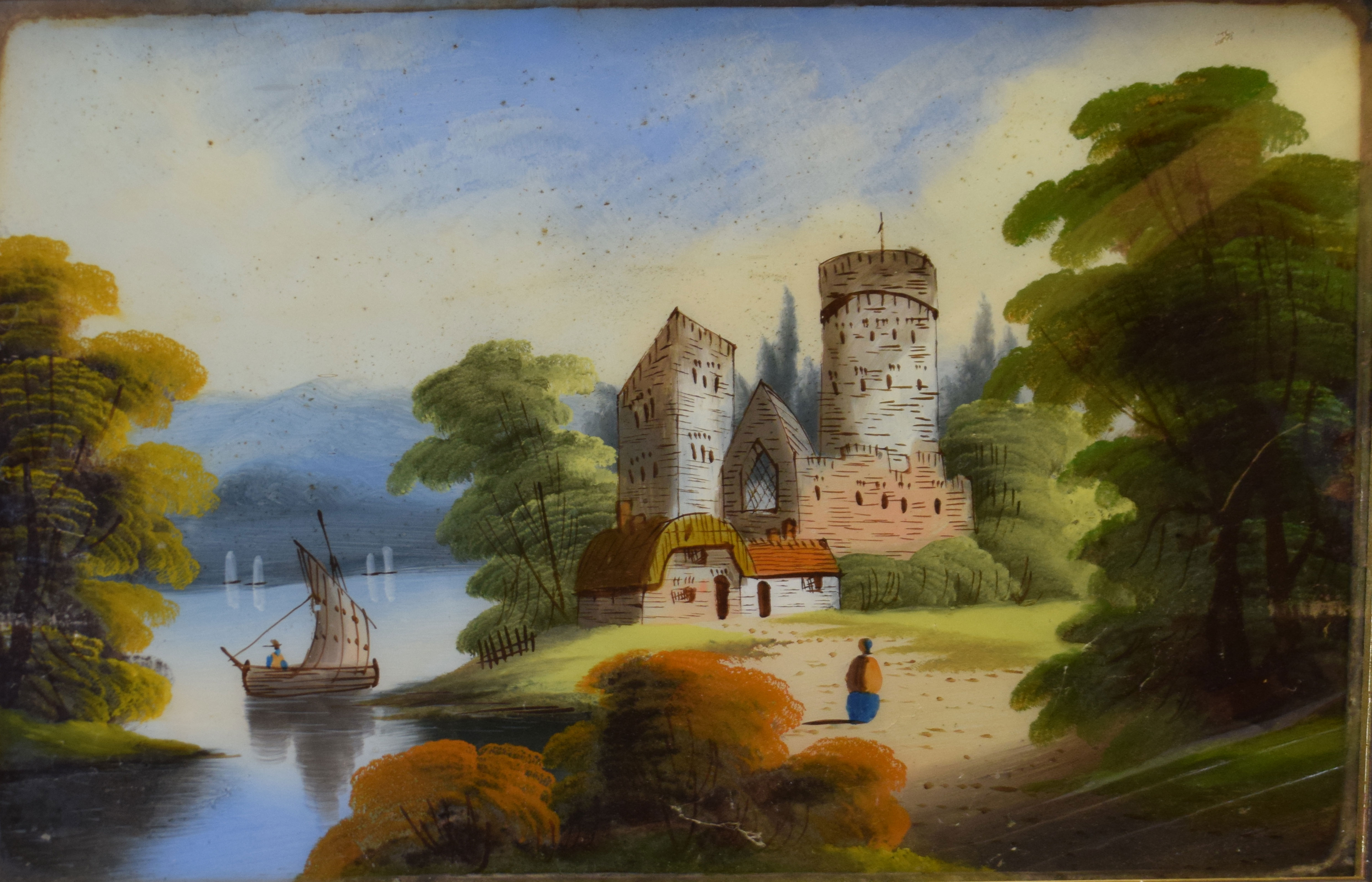 English School (19th/20th century), Lakeland scene with castle, oil reverse painting on glass, 39