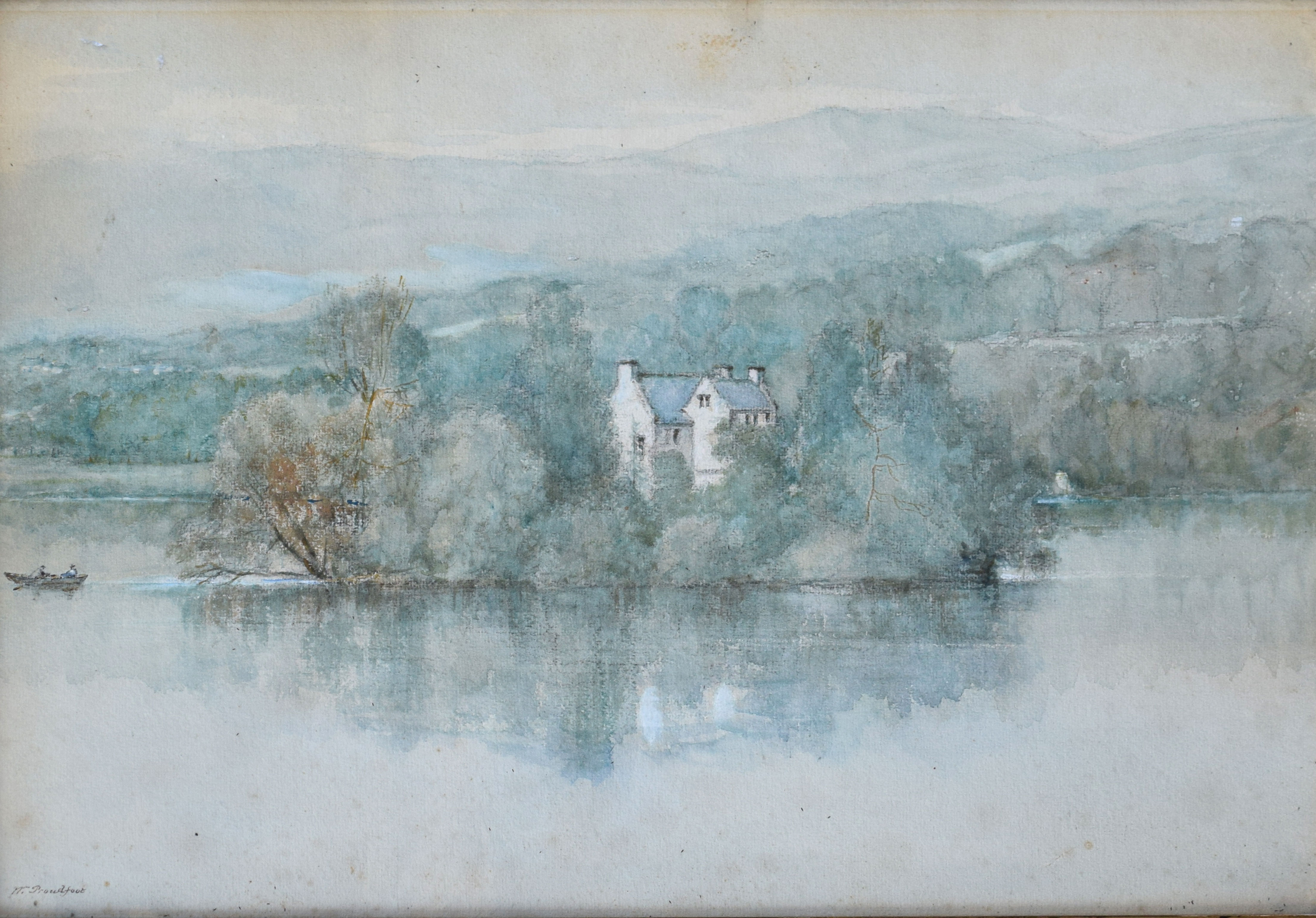 W Proudfoot (1822-1901), River scene with cottage, watercolour, signed lower left, 38 x 55cm