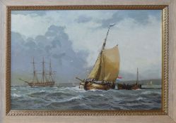 James Brereton, "Dutch vessels in a stiff breeze", oil on canvas, signed lower right, 24 x 34cm