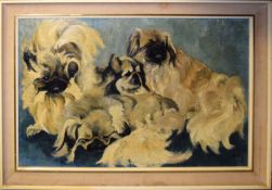 SMRF, Pekingese dogs, oil on canvas, initialled and dated 70 lower right, 55 x 84cm