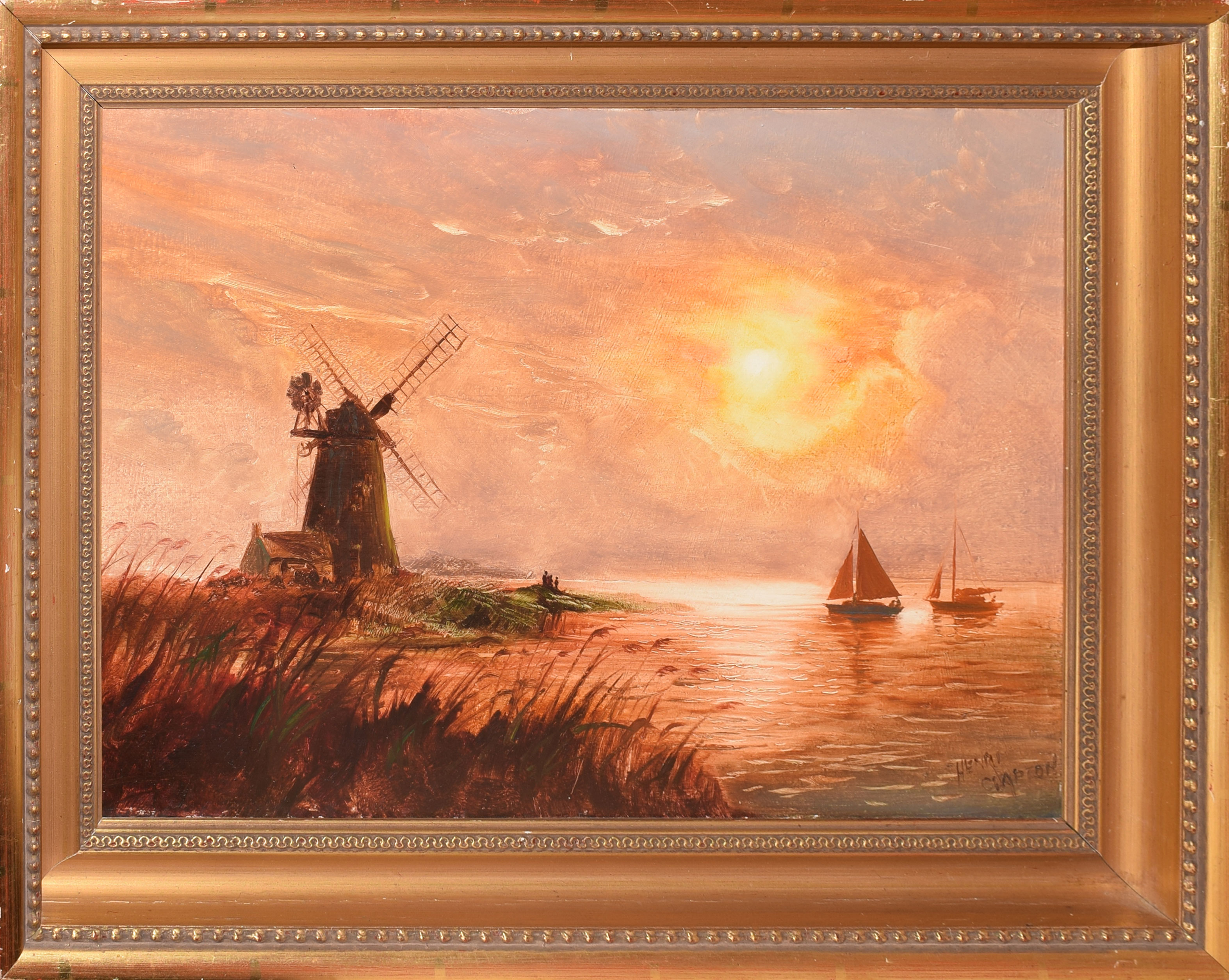 Henry Clapton, Broadland scene at dusk, oil on board, signed lower right, 30 x 41cm