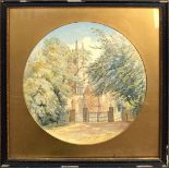 G Hobson, Church scene, watercolour, signed lower right, 37cm diam